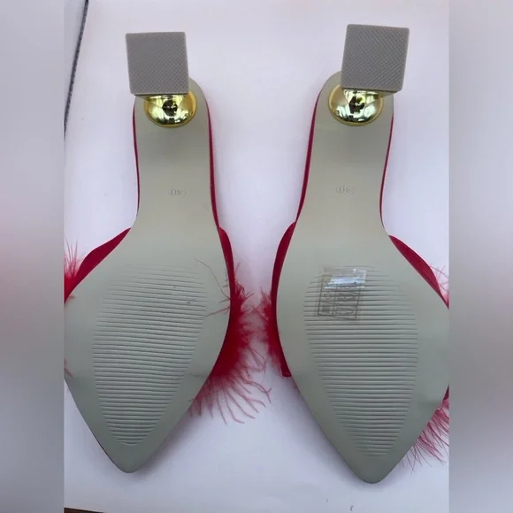 Red Satin Feather Mule Heels • Gold Block Heel • EU 40 (US 9–9.5) - Picture 7 of 8